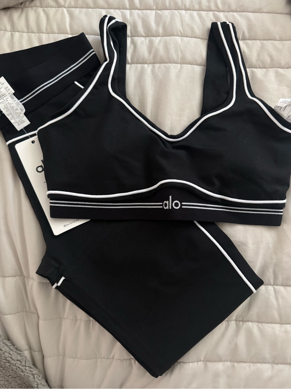 ALO Yoga Black Sports Bralette and Shorts with White Piping